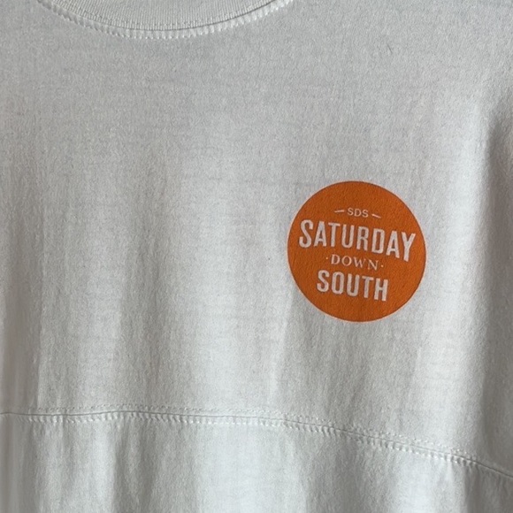 SDS Saturday Down South L/S Graphic T-Shirt Mens Medium White Orange Logo Stains - Picture 4 of 12